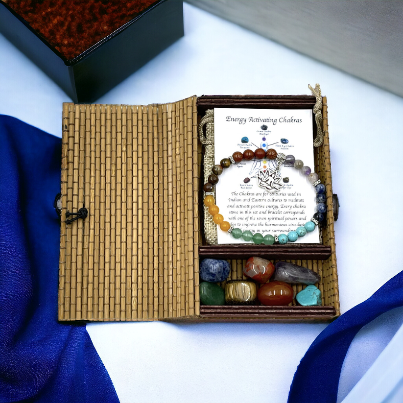 Chakra Stone Bracelet with Meditation Charm- includes Chakra Tumbled Stones