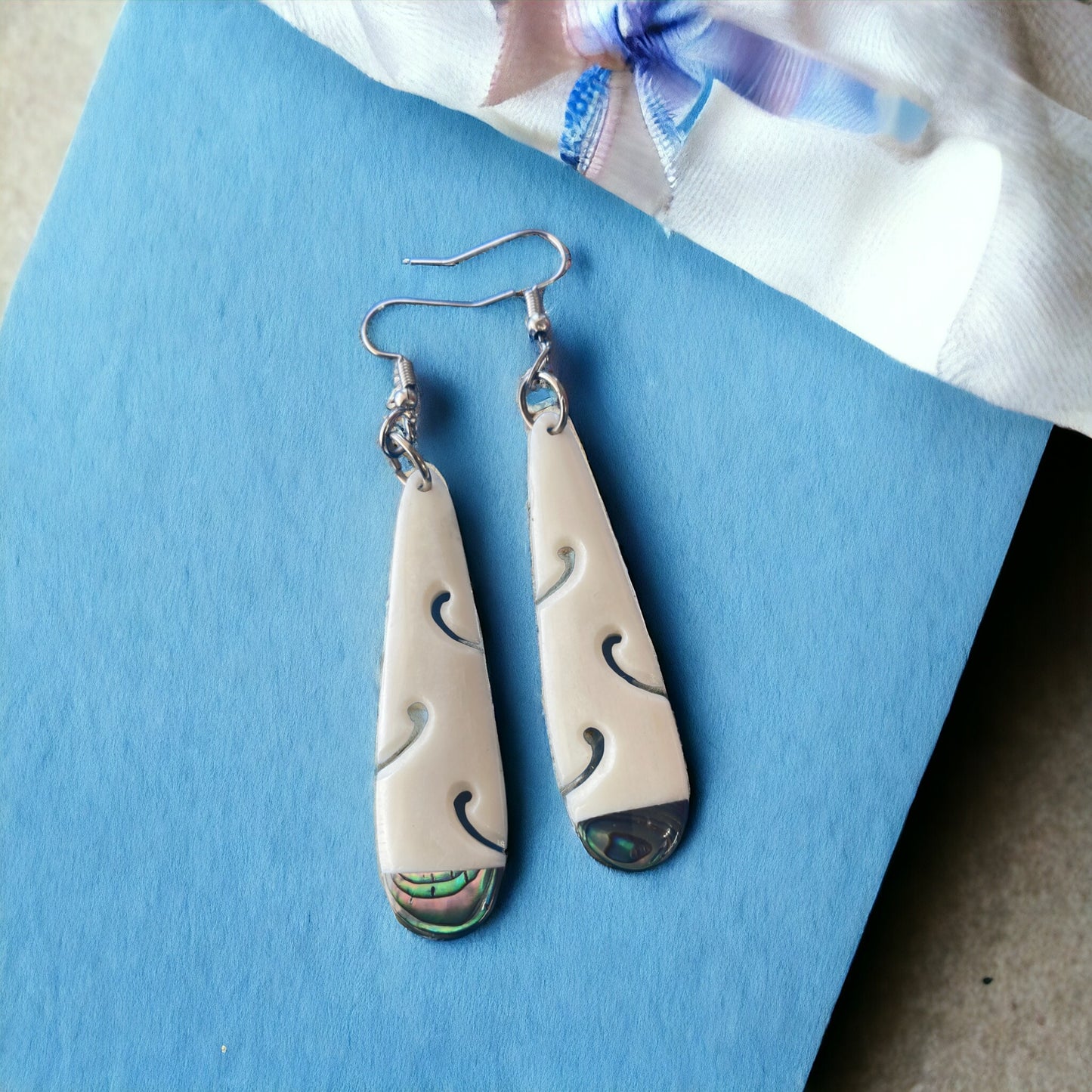 Bone Roimata Koru Earrings with Paua Shell