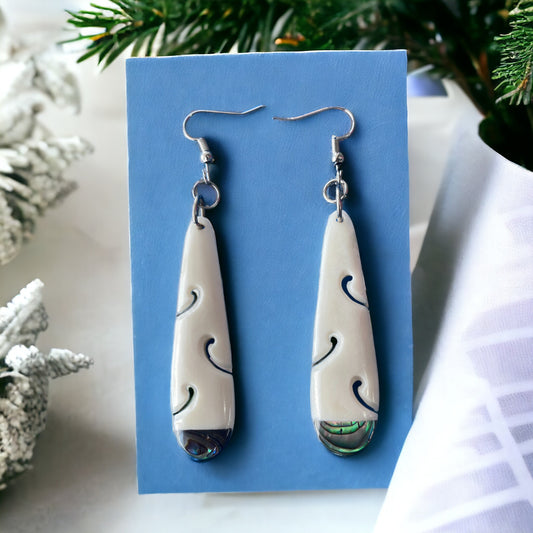 Bone Roimata Koru Earrings with Paua Shell