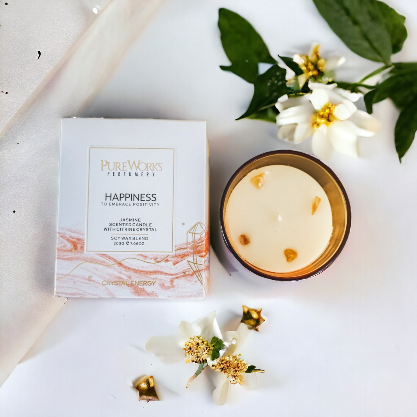 Pure Works Happiness Jasmine with Citrine Crystal Energy Candle 200gm
