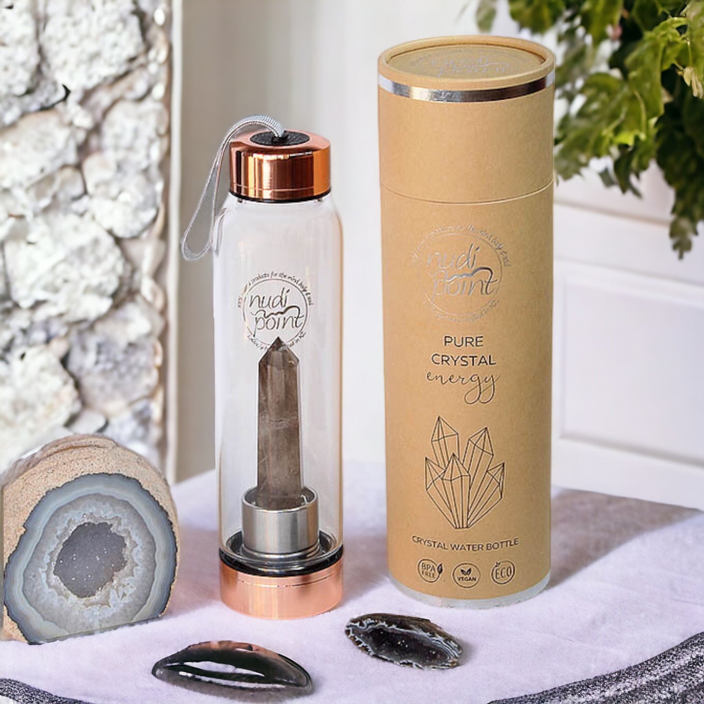 Nudi Point Crystal Elixir Water Bottle - Smoky Quartz (Copper)