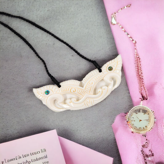 NZ Bone & Paua Shell Pekapeka (Bat) Pendant
