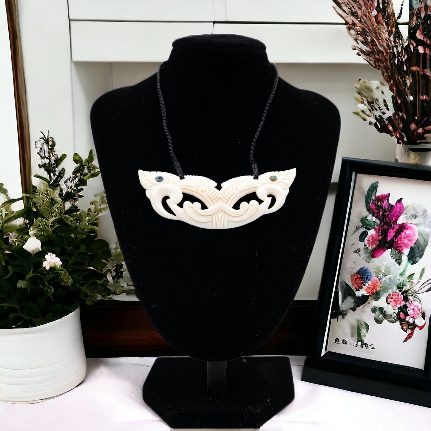 NZ Bone & Paua Shell Pekapeka (Bat) Pendant