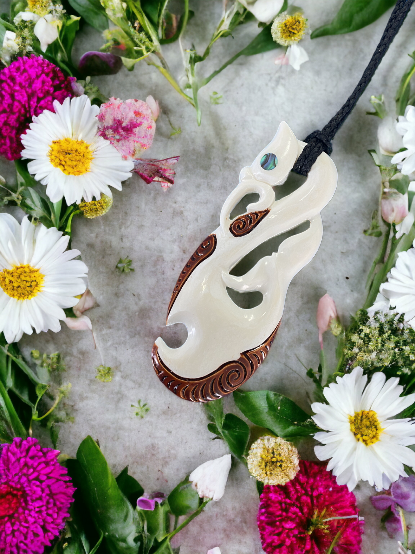 Bone Manaia Pendant with whale tail