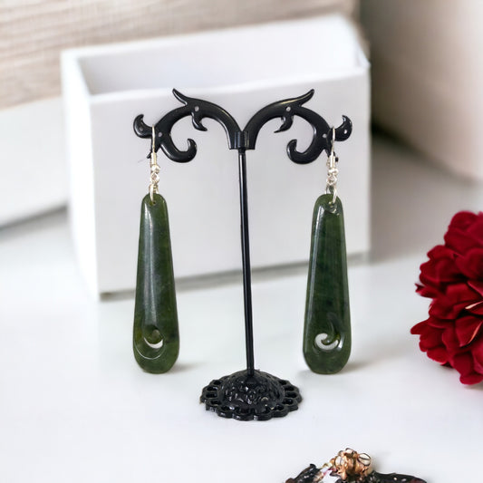 Greenstone Drop Koru Earrings 62mm