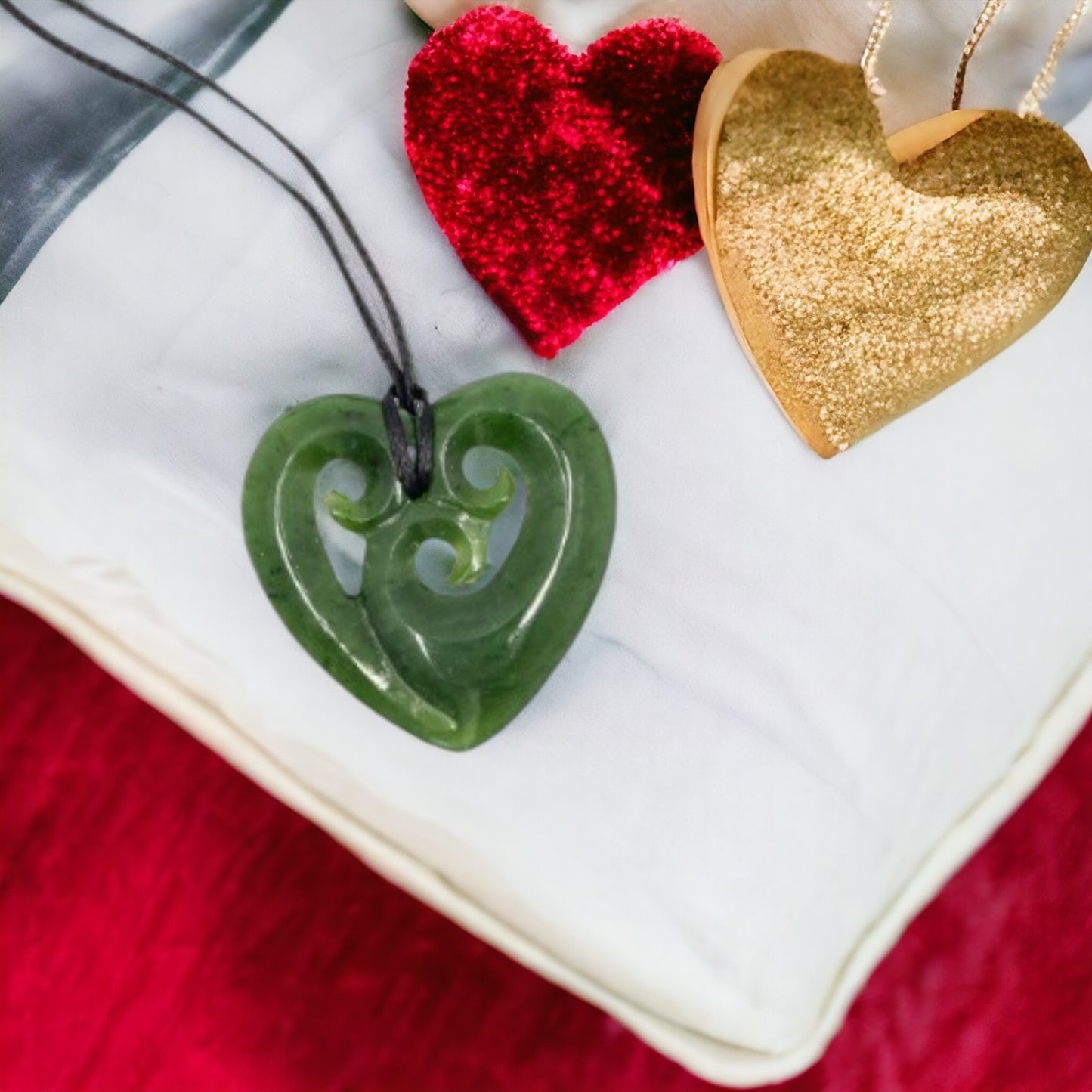 Greenstone / Pounamu Heart & Triple Koru Pendant 38mm