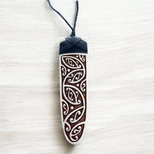 NZ Bone Toki Pendant (Kowhaiwhai Design Stained)