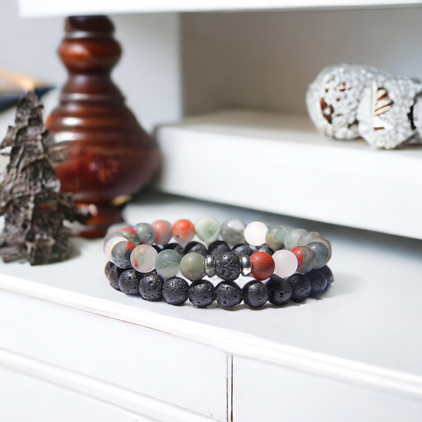 Nudi Point Men's Lava Stone & Ocean Jasper Bracelet Set