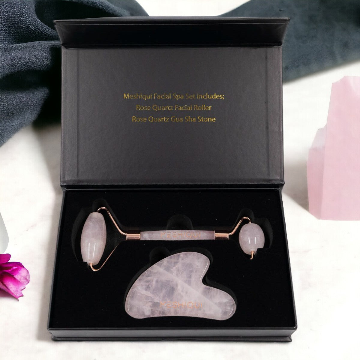 Meshiqui Facial Spa - Rose Quartz Roller and Gua Sha