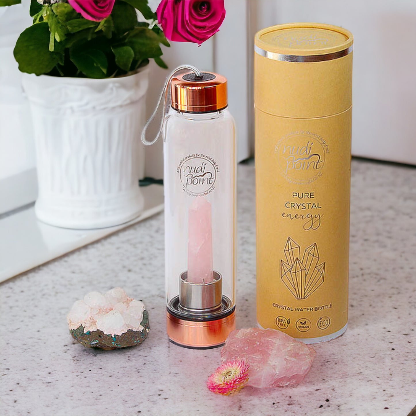 Nudi Point Crystal Elixir Water Bottle - Rose Quartz (Copper)