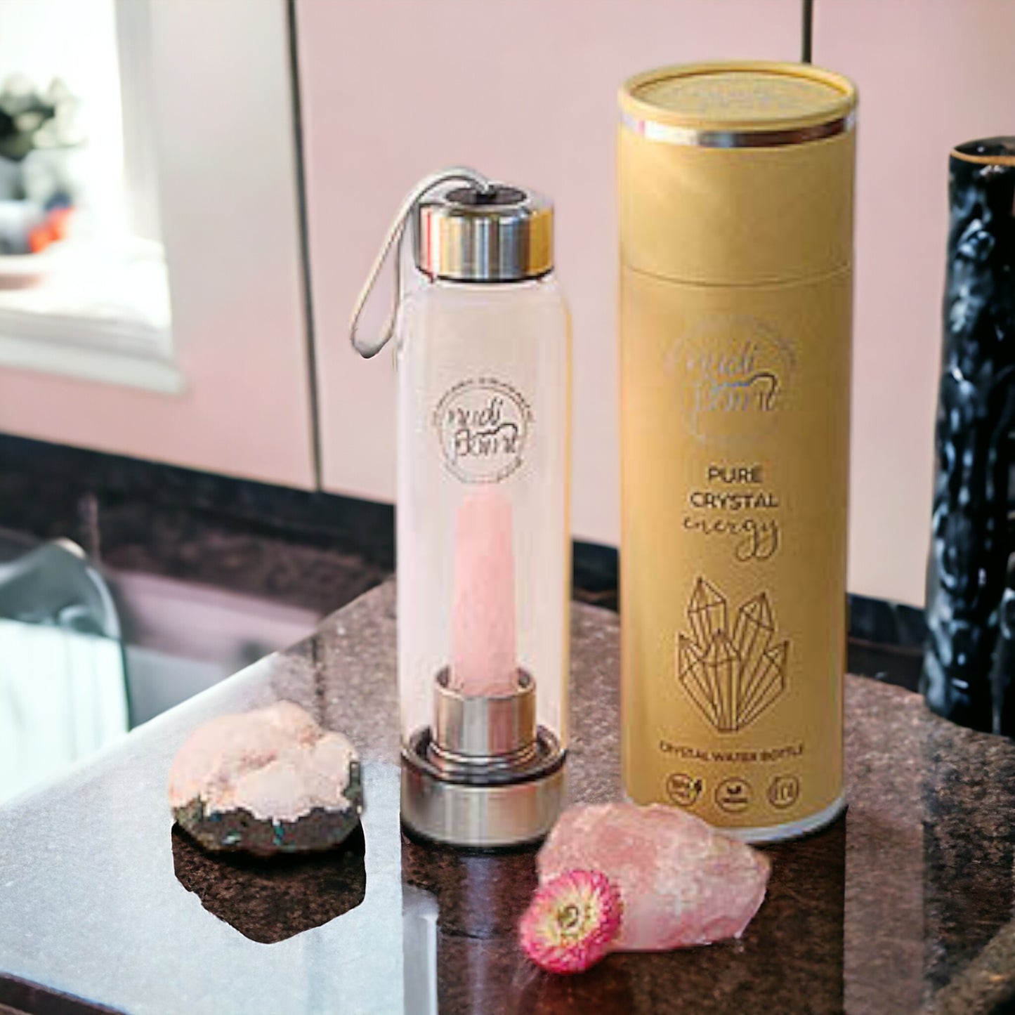Nudi Point Crystal Elixir Water Bottle - Rose Quartz (Stainless Steel)
