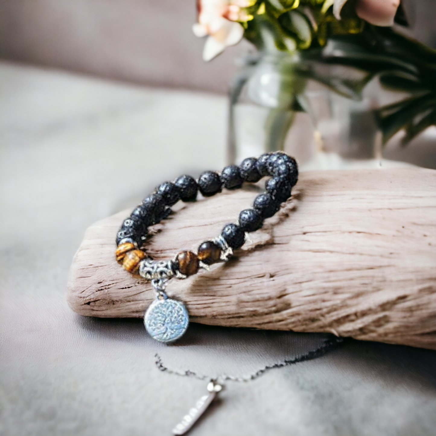 Nudi Point Tiger's Eye & Tree of Life Lava Stone Bracelet