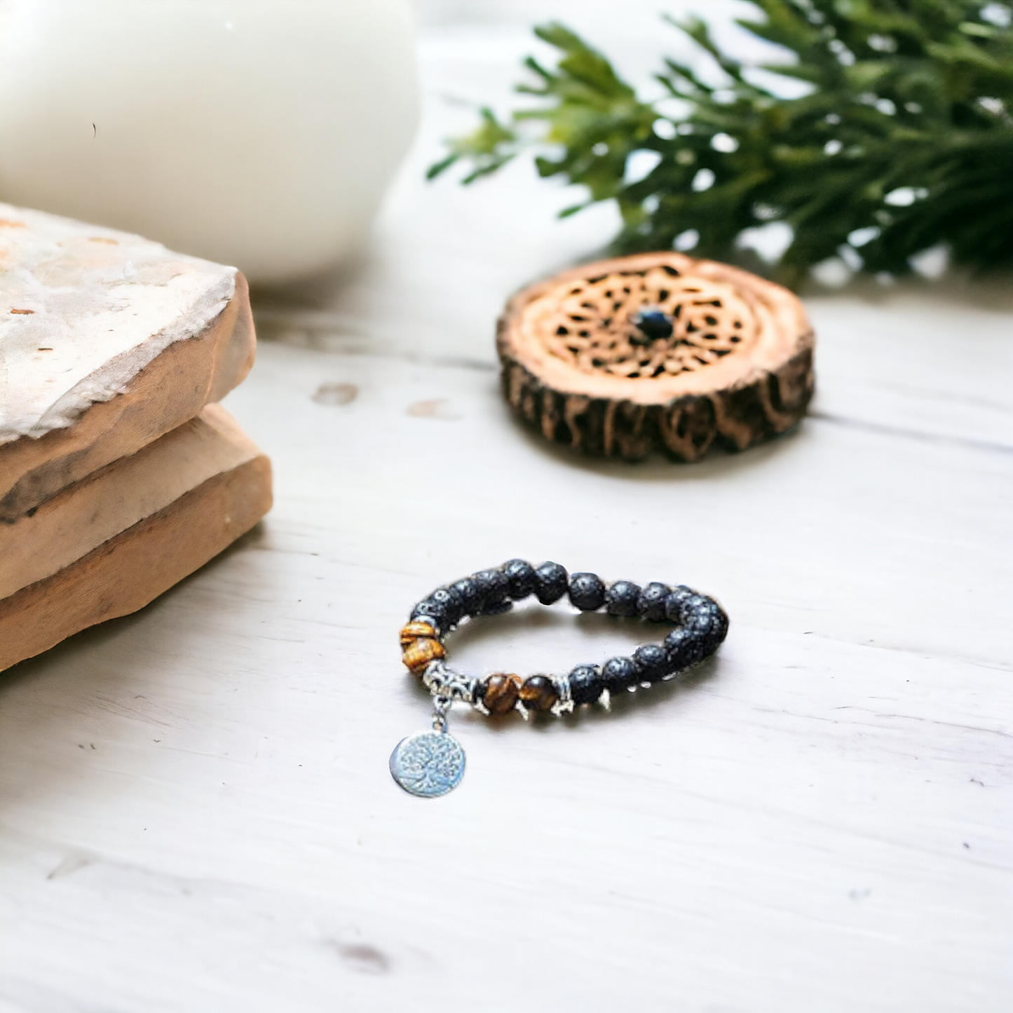 Nudi Point Tiger's Eye & Tree of Life Lava Stone Bracelet