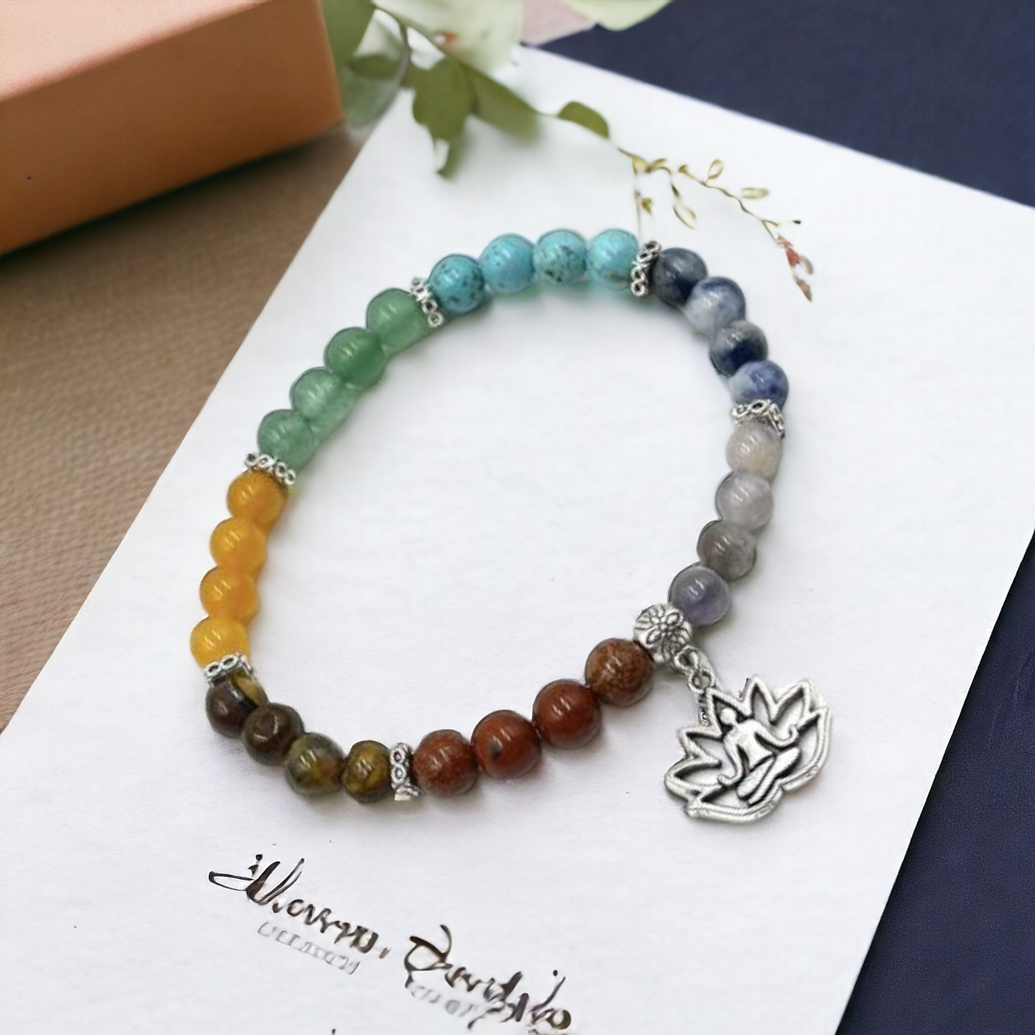 Chakra Stone Bracelet with Meditation Charm- includes Chakra Tumbled Stones