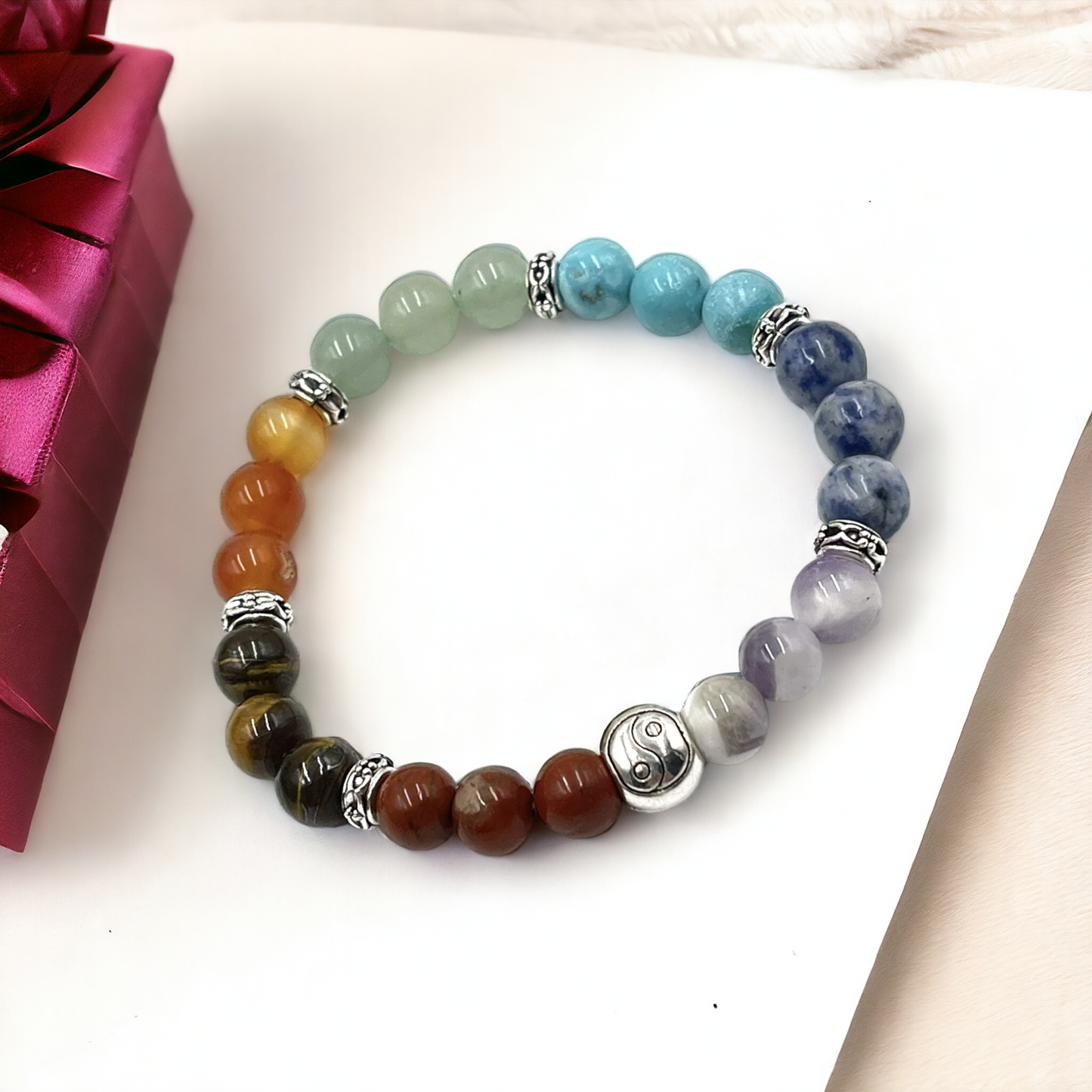 Chakra Stone Bracelet with Yin Yang Bead - includes Chakra Tumbled Stones