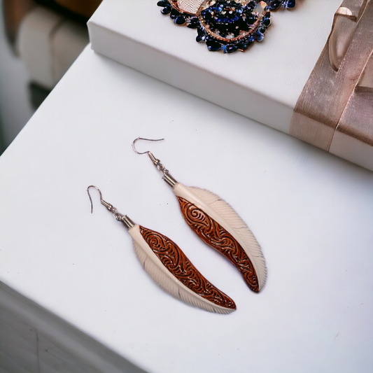 Bone Huia Feather Earrings - Brown Stained