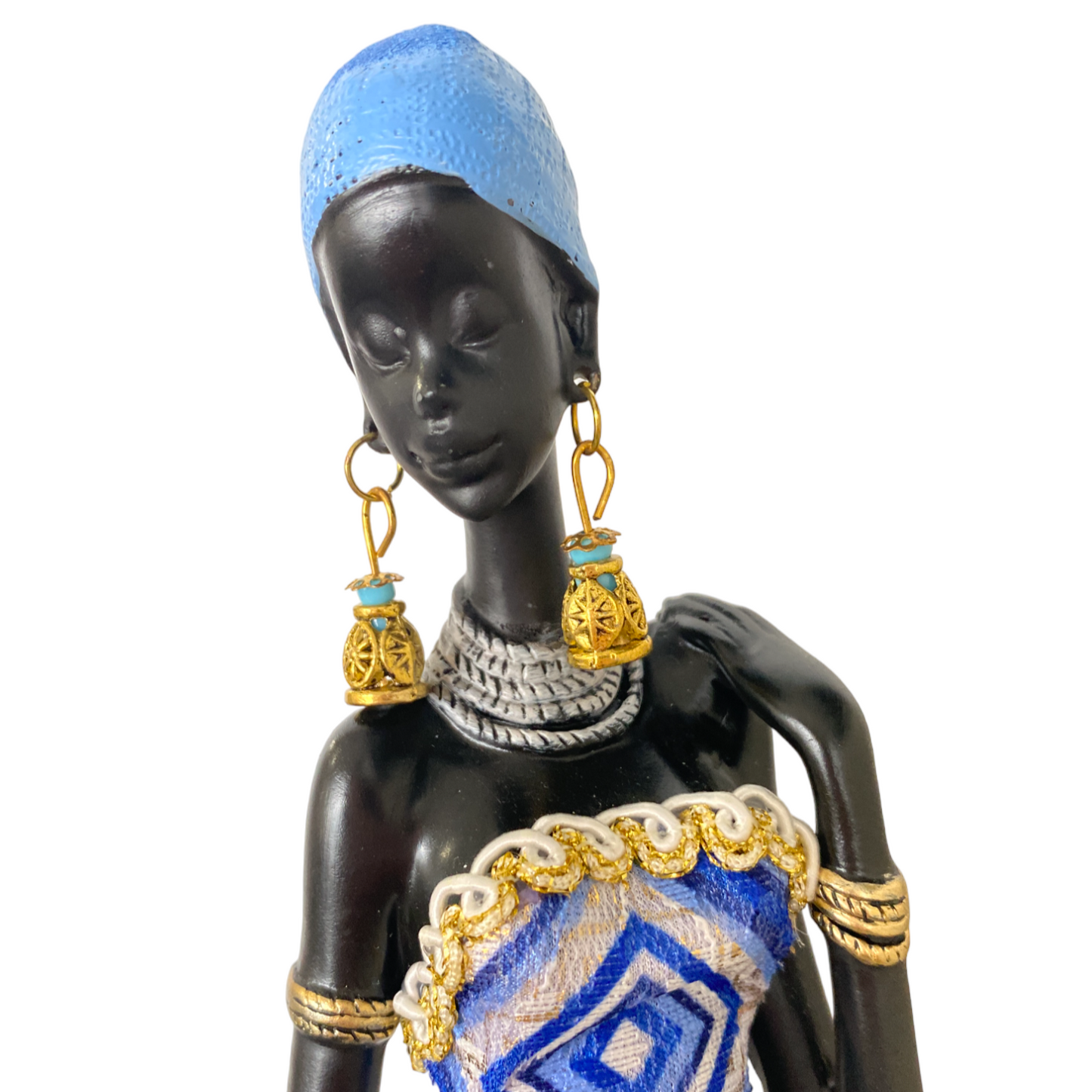 African Lady Figurine - Blue, White & Gold