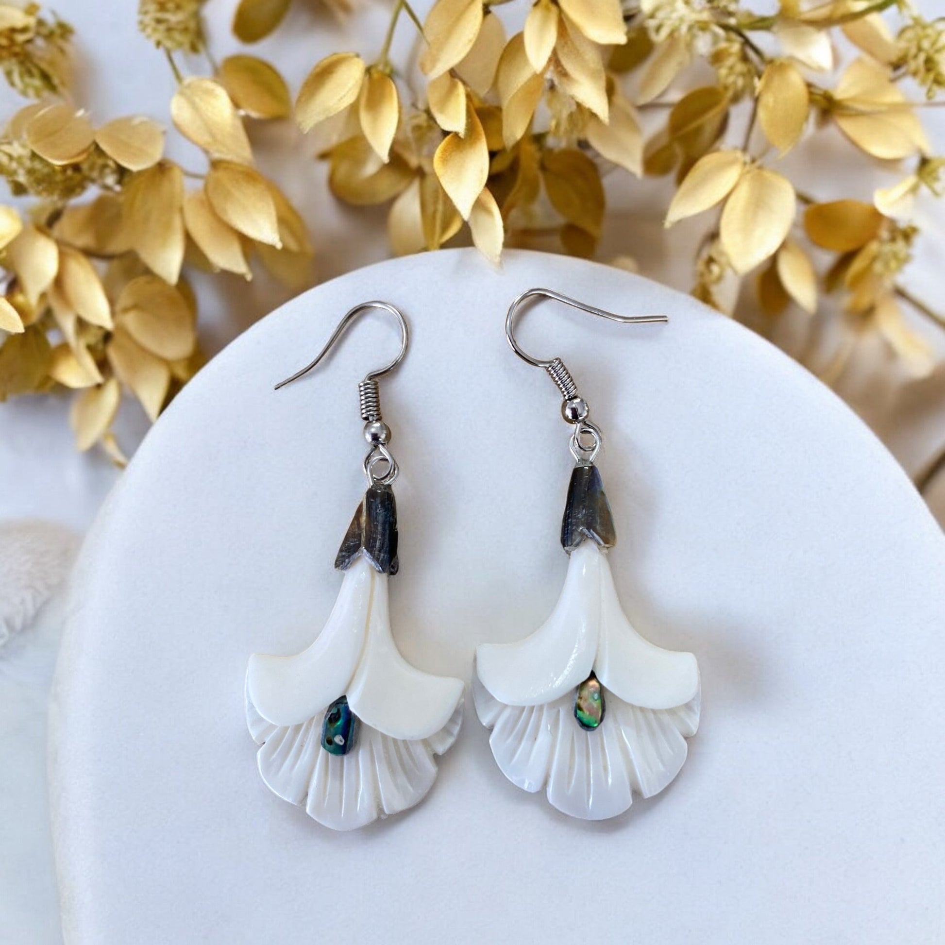 Bone Flower & Paua Shell Earrings