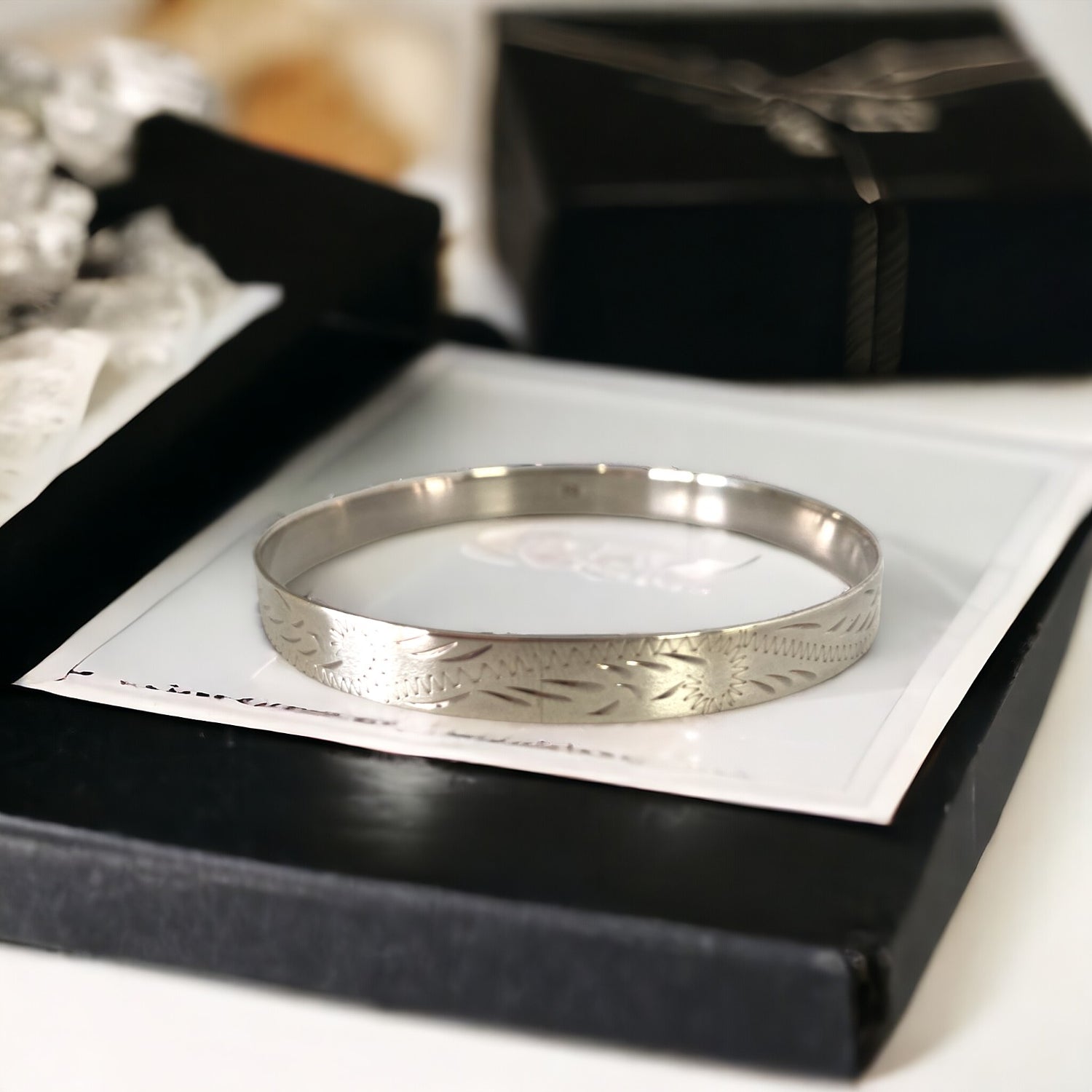 Bangle Sterling Silver Solid Etched 8mm