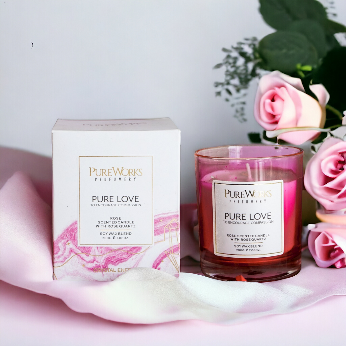 Pure Works Pure Love Rose with Rose Quartz Crystal Energy Candle 200gm