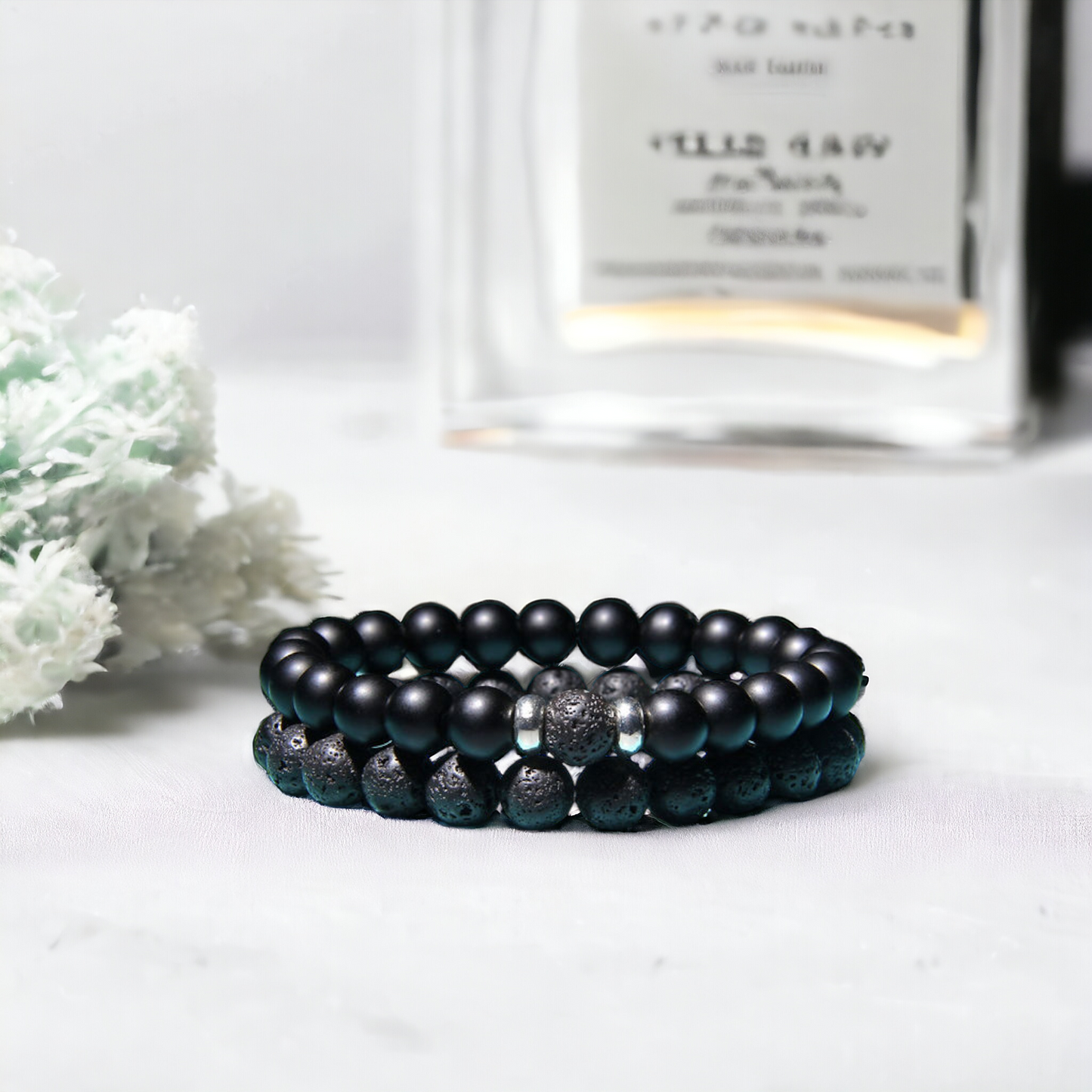Nudi Point Men's Lava Stone & Black Beads Bracelet Set