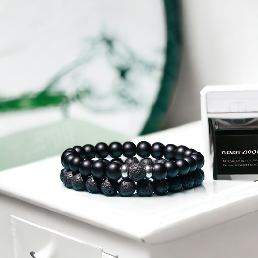 Nudi Point Men's Lava Stone & Black Beads Bracelet Set