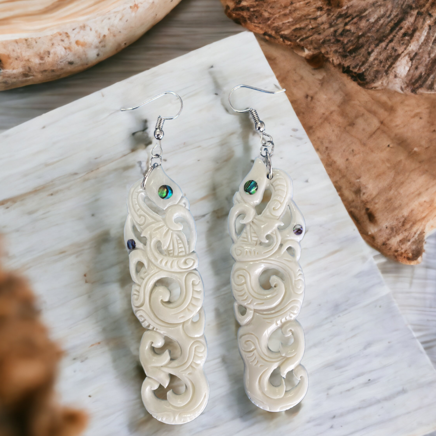 Bone Earrings Double Manaia with Koru