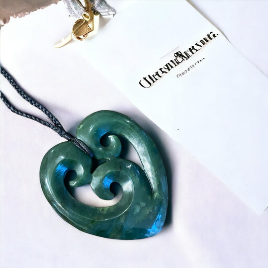 Greenstone / Pounamu Heart & Triple Koru Pendant 70mm