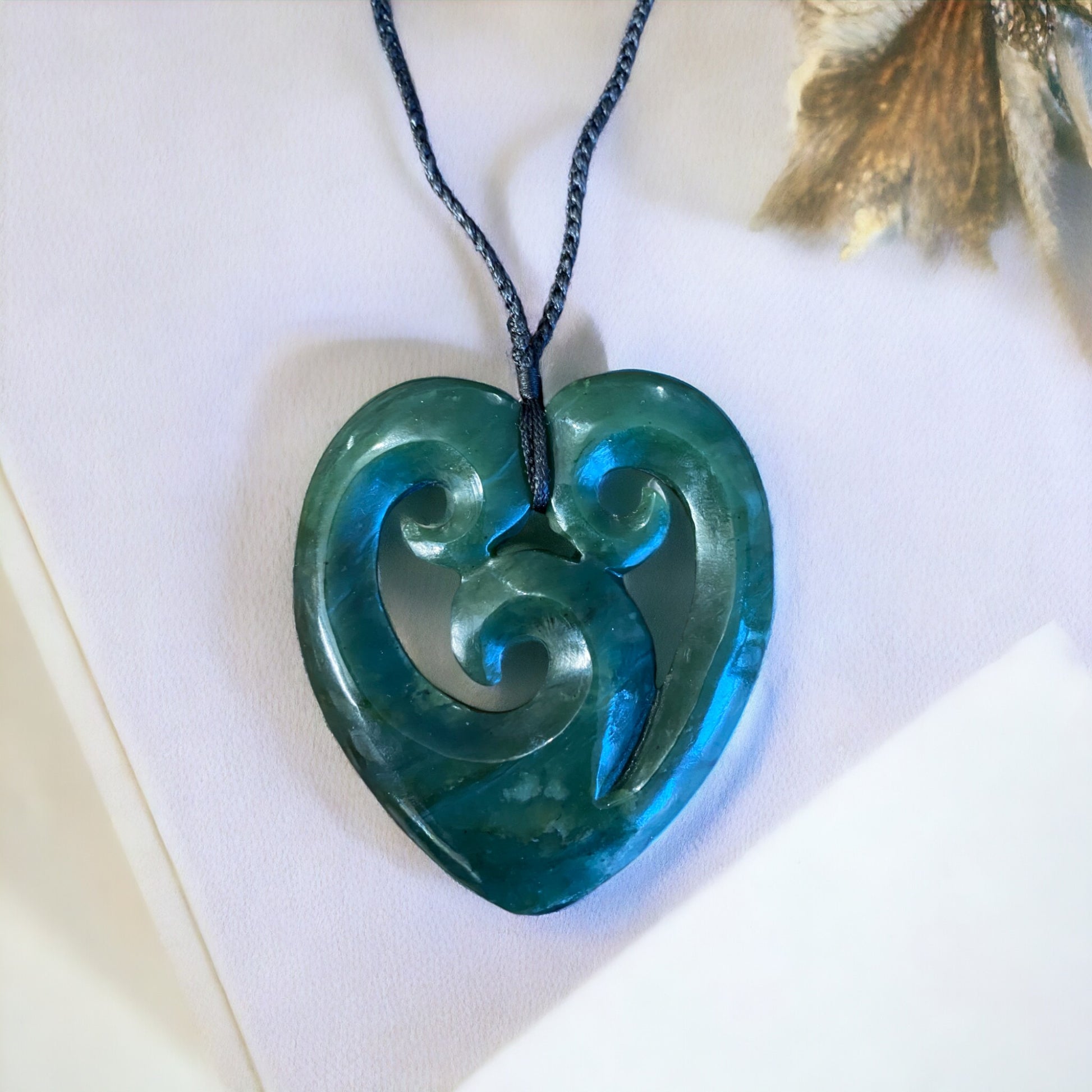 Greenstone / Pounamu Heart & Triple Koru Pendant 70mm