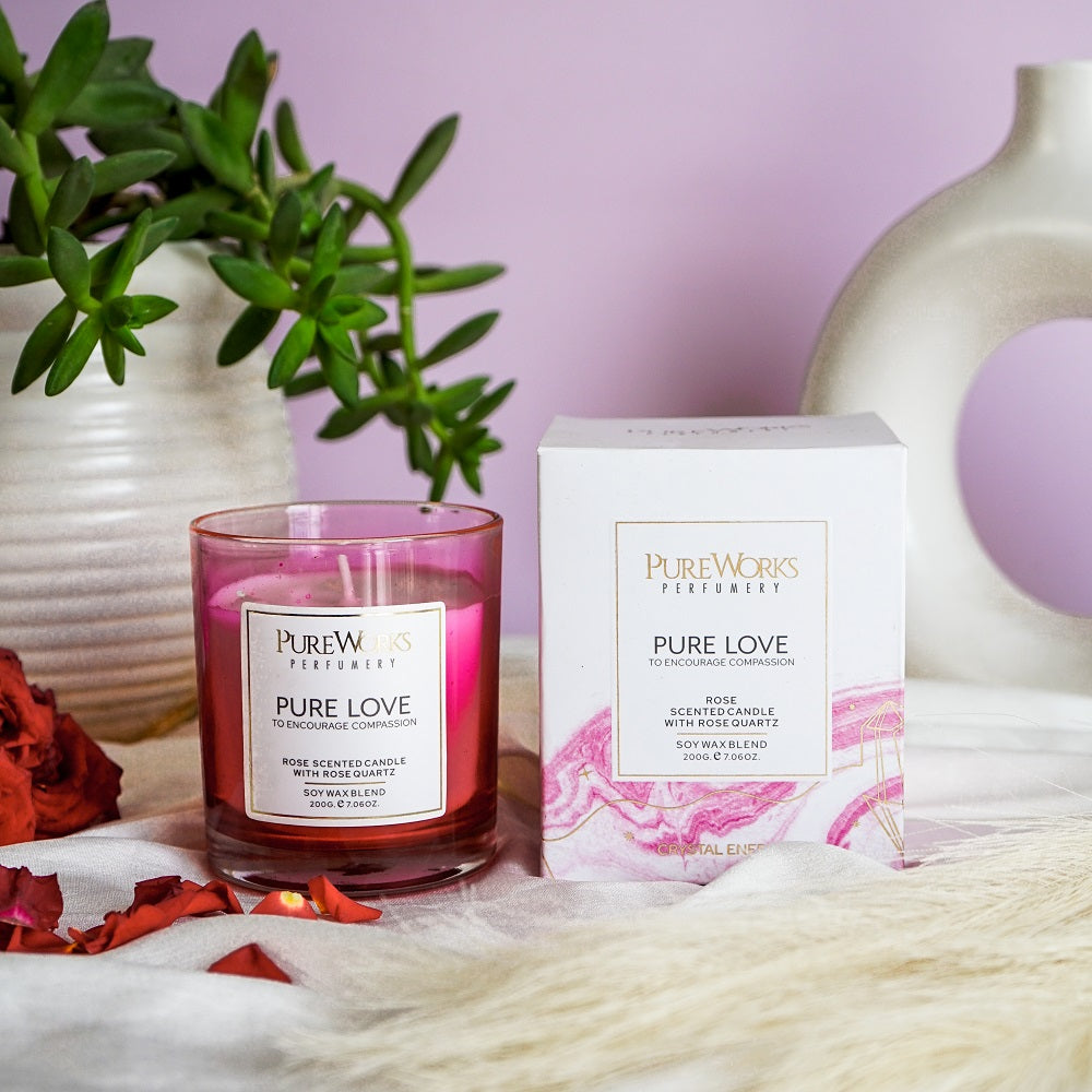 Pure Love Rose with Rose Quartz Crystal Energy Candle 200gm