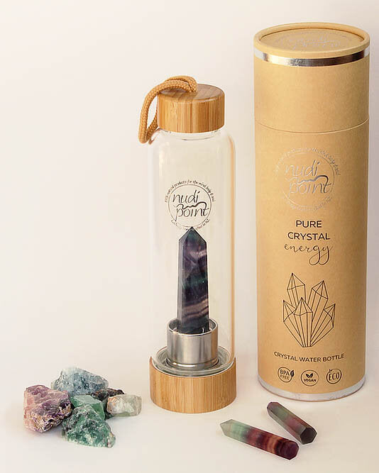 Nudi Point Crystal Elixir Water Bottle - Rainbow Flourite (Bamboo)